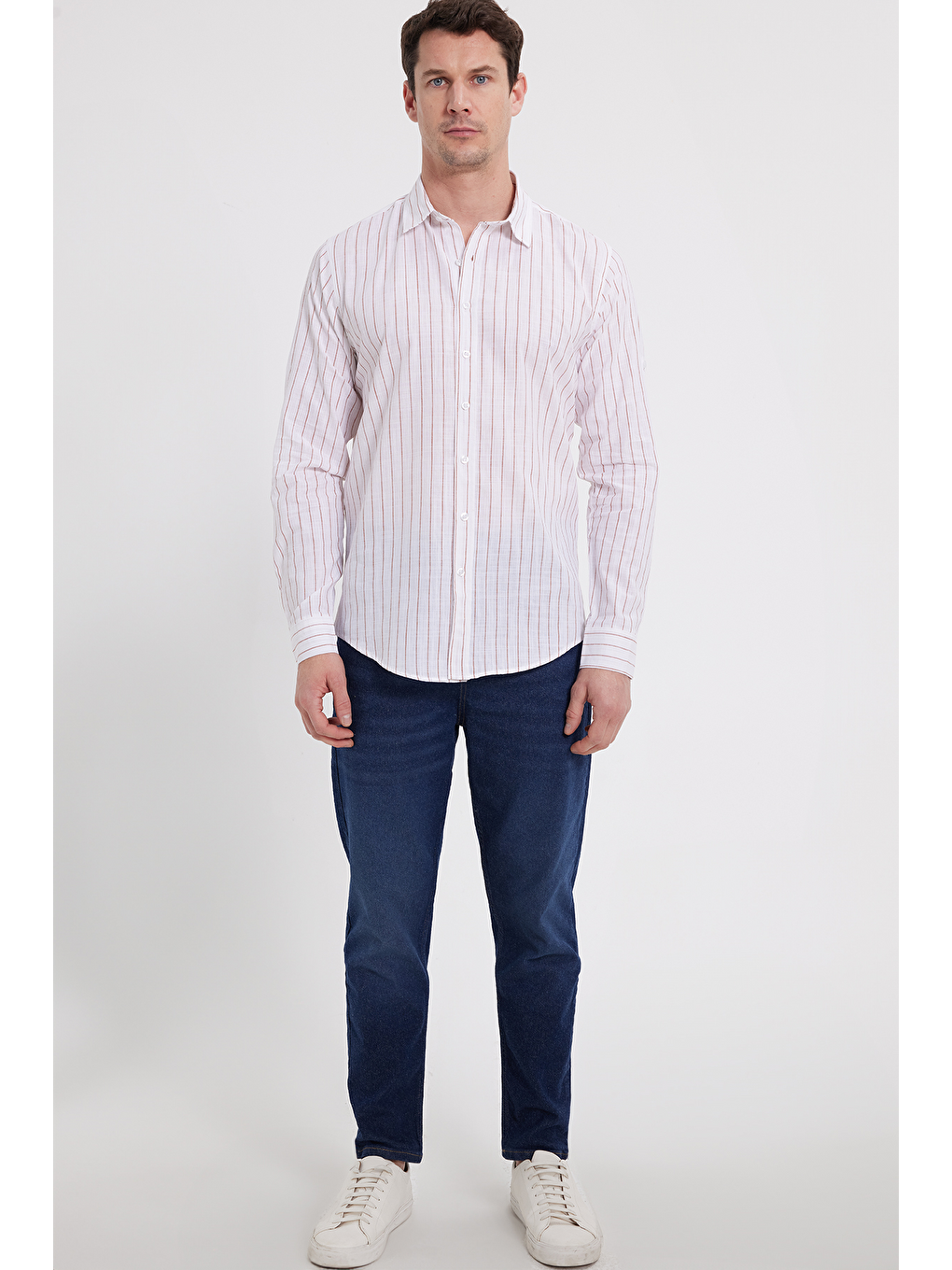 Karışık Erkek Slim Fit Dar Kesim Uzun Kollu %100 Pamuk Keten Doku Çizgili Gömlek-1