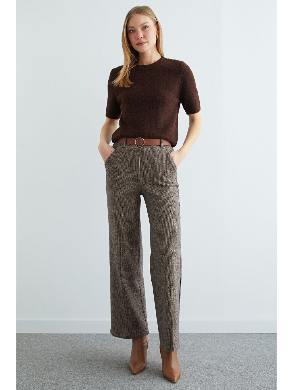 Kahverengi Kemerli Balıksırtı Palazzo Pantolon-2