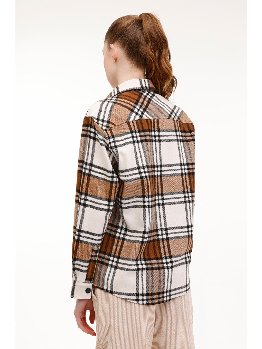 Pembe Tartan Flanel Shırt Pastel Turuncu Kadın Gömlek-3