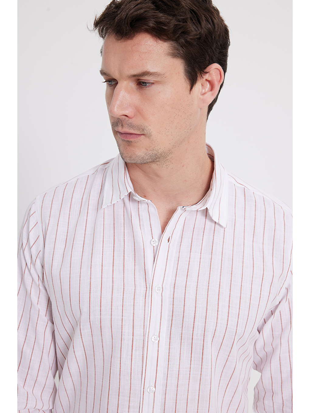 Karışık Erkek Slim Fit Dar Kesim Uzun Kollu %100 Pamuk Keten Doku Çizgili Gömlek-2