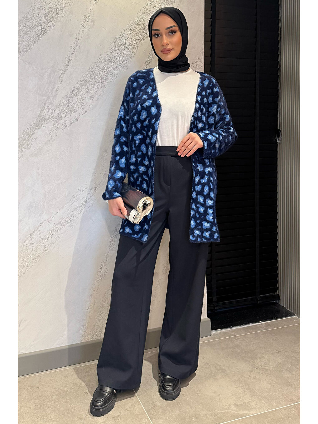 Lacivert Kadın Yüksek Bel Cırtlı Bol Paça Palazzo Tesettür Pantolon