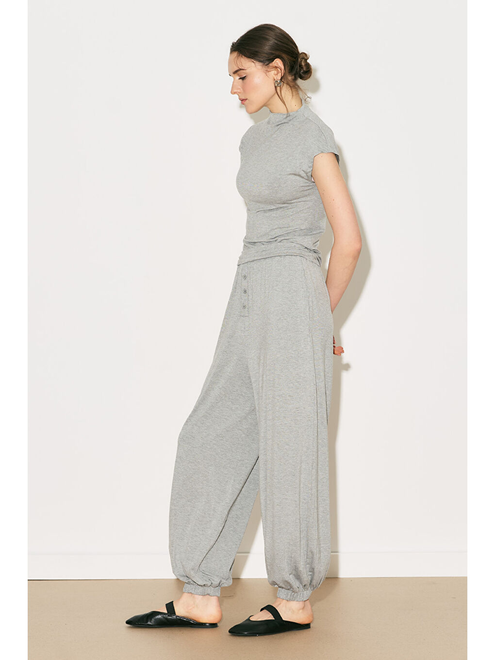 Easy Şalvar Rahat Pantolon Gri Melanj-4