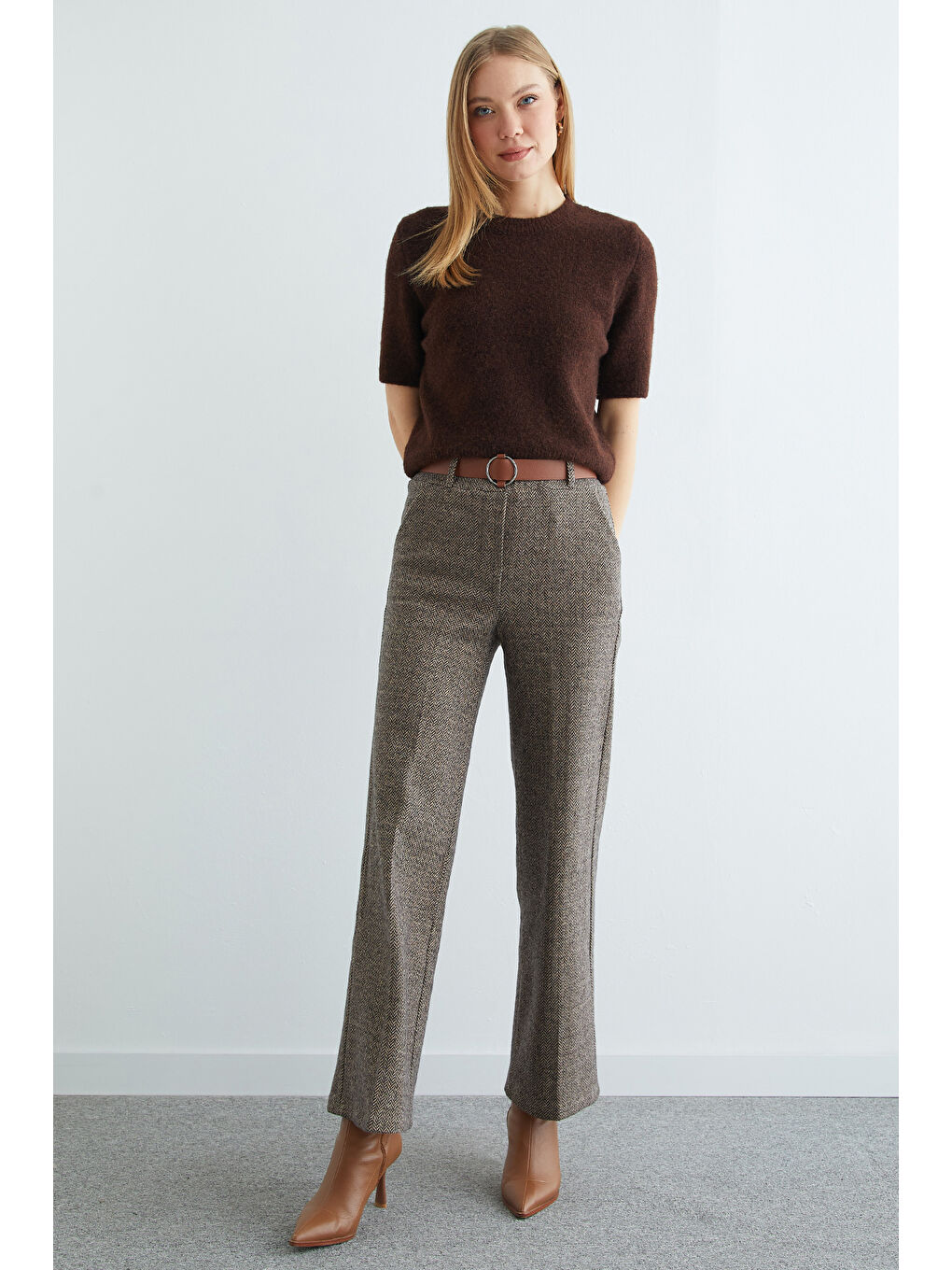 Kahverengi Kemerli Balıksırtı Palazzo Pantolon-3