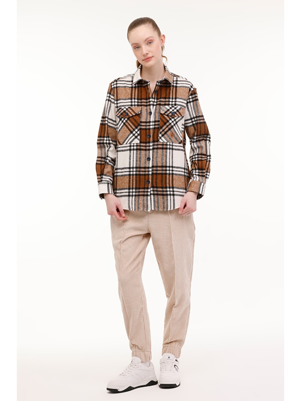 Pembe Tartan Flanel Shırt Pastel Turuncu Kadın Gömlek-4
