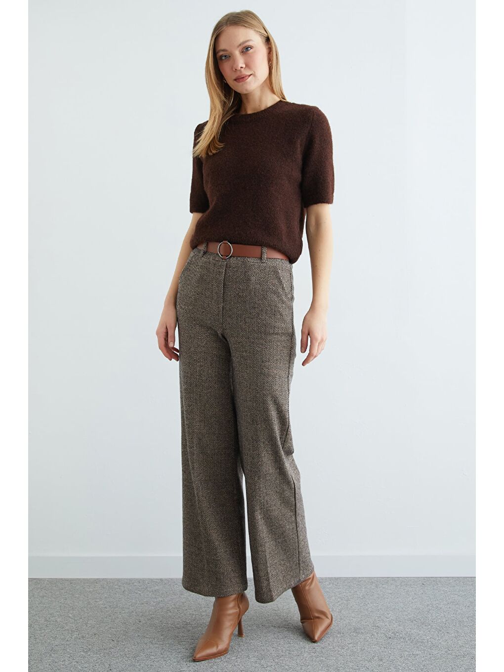 Kahverengi Kemerli Balıksırtı Palazzo Pantolon-4