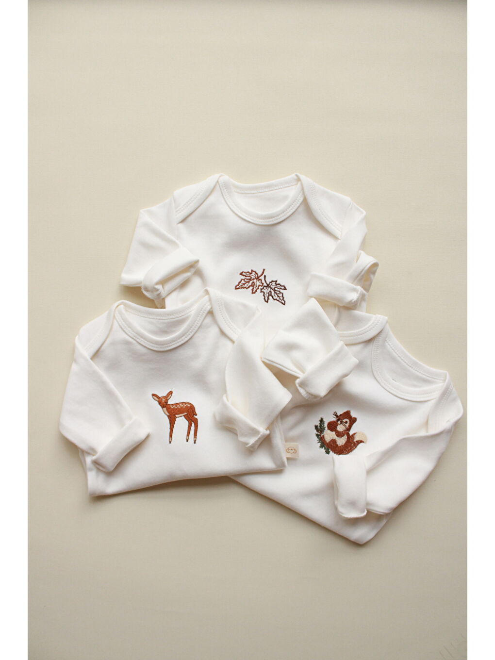 Ekru 3'lü Forest Serisi Uzun Kollu Çıt Çıtlı Body Zıbın Model 10-7