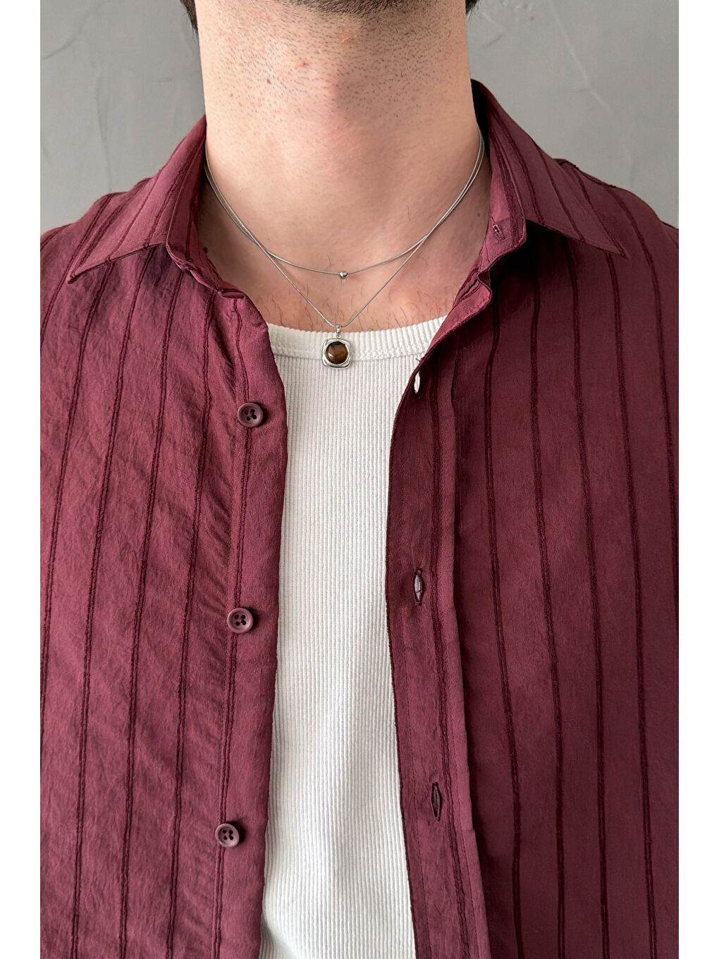 Bordo Erkek Oversize Çizgili Modal Gömlek-3