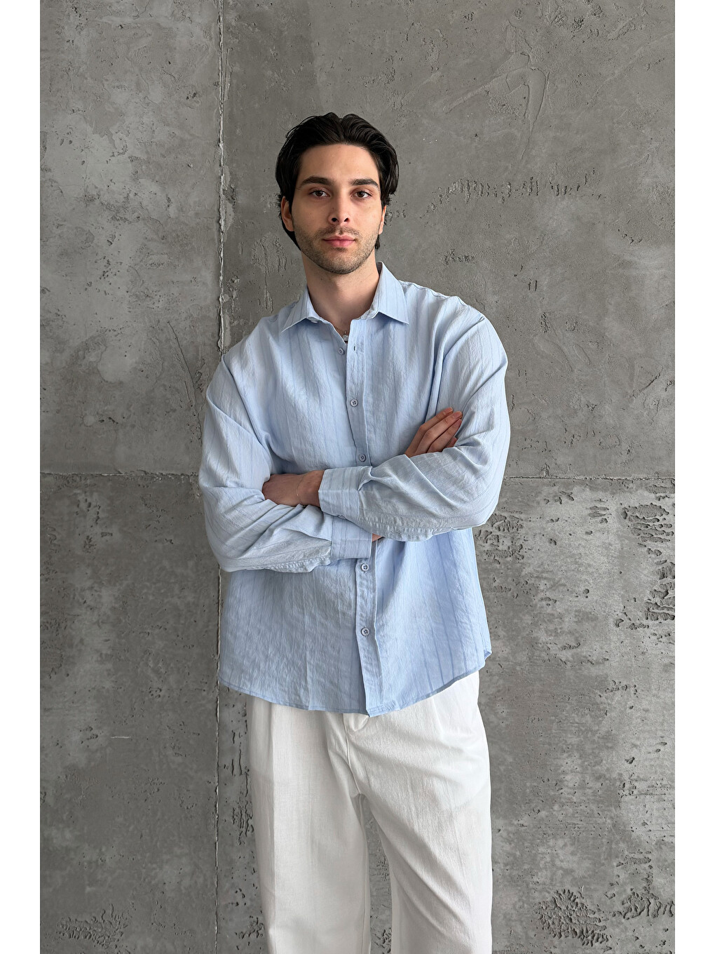 Mavi Erkek Oversize Çizgili Modal Gömlek-3