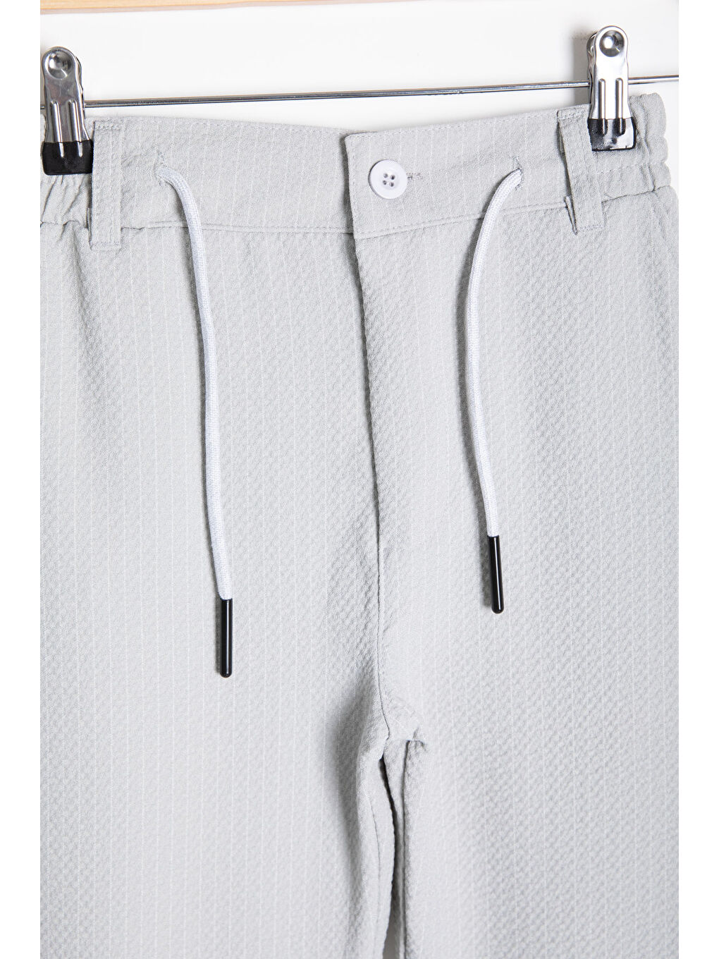 Gri Erkek Çocuk Çizgili Duble Paça Gofre Kumaş Pantolon 21052-1