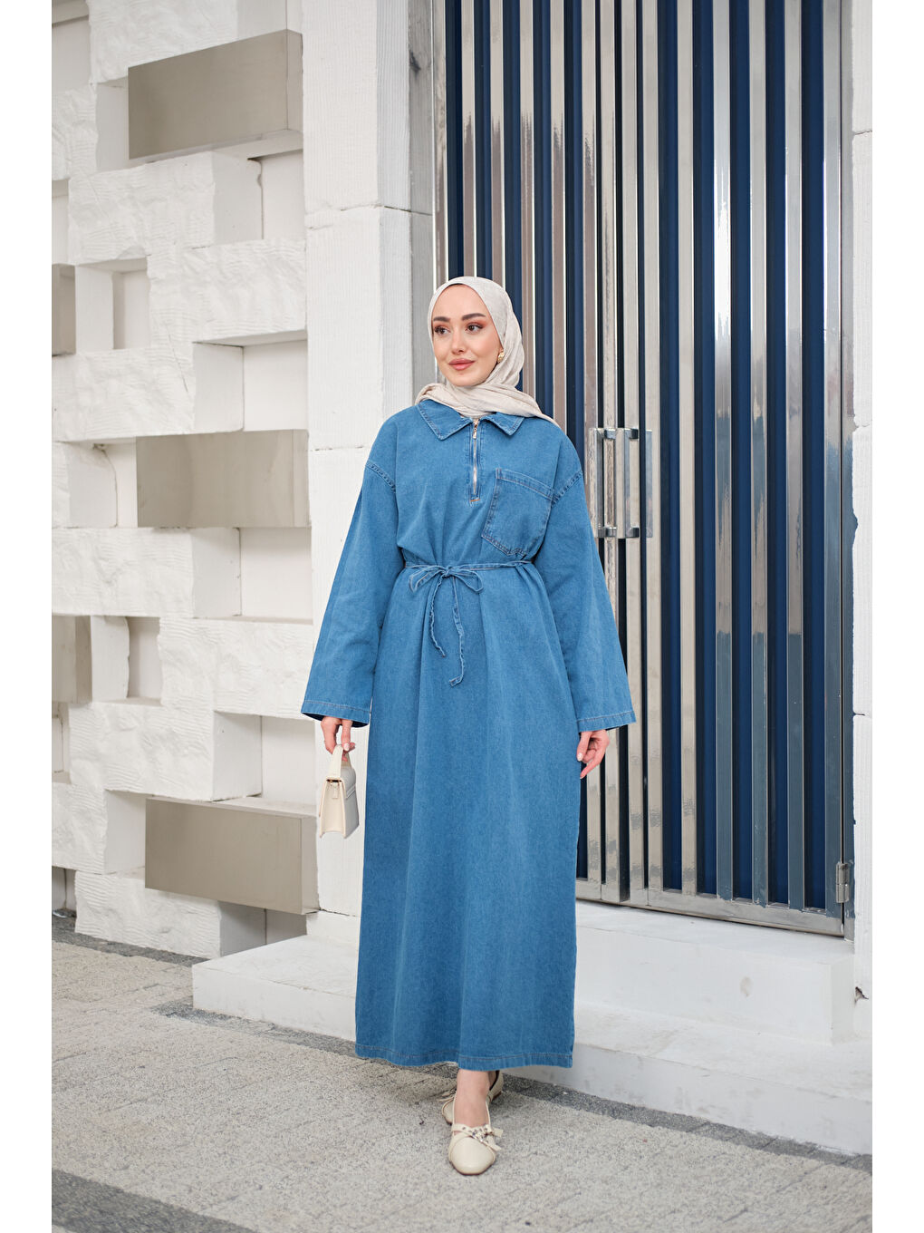 Kadın Tek Cep Detay Gömlek Yaka Jean Elbise Buz Mavi-1
