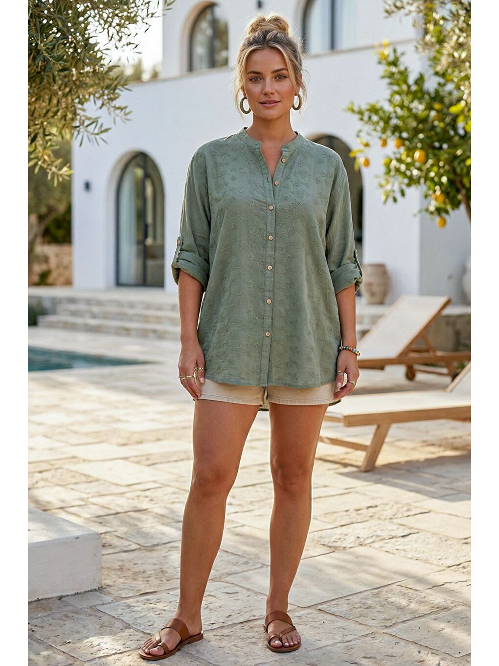 Haki Hakim Yaka Düğmeli Uzun Kollu Düğmeli Casual Müslin Dokuma Gömlek 75 63-4