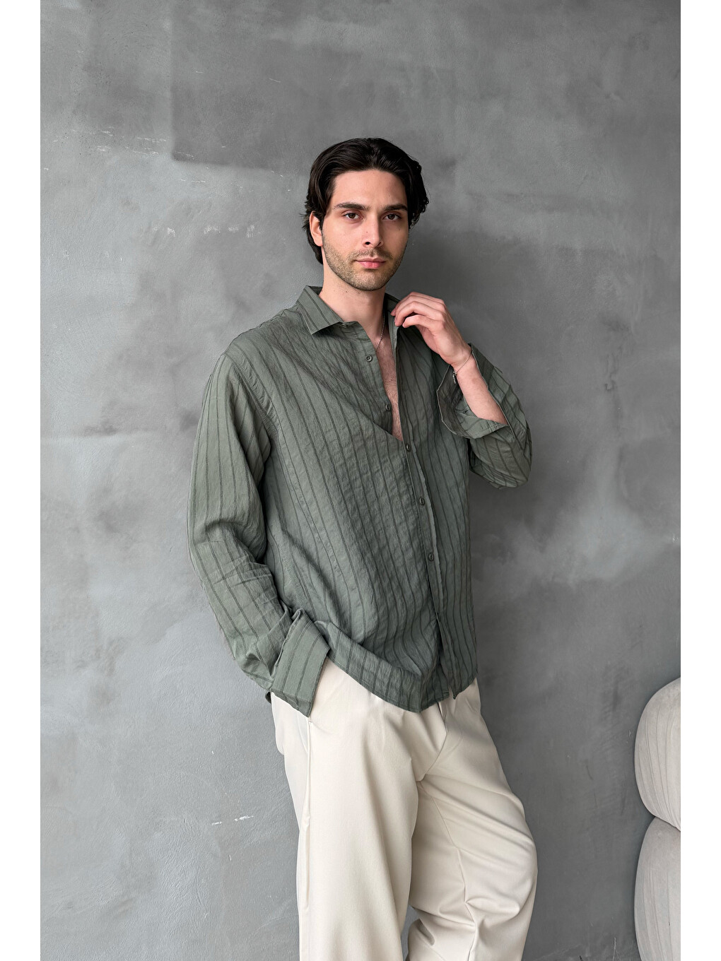 Haki Erkek Oversize Çizgili Modal Gömlek-2