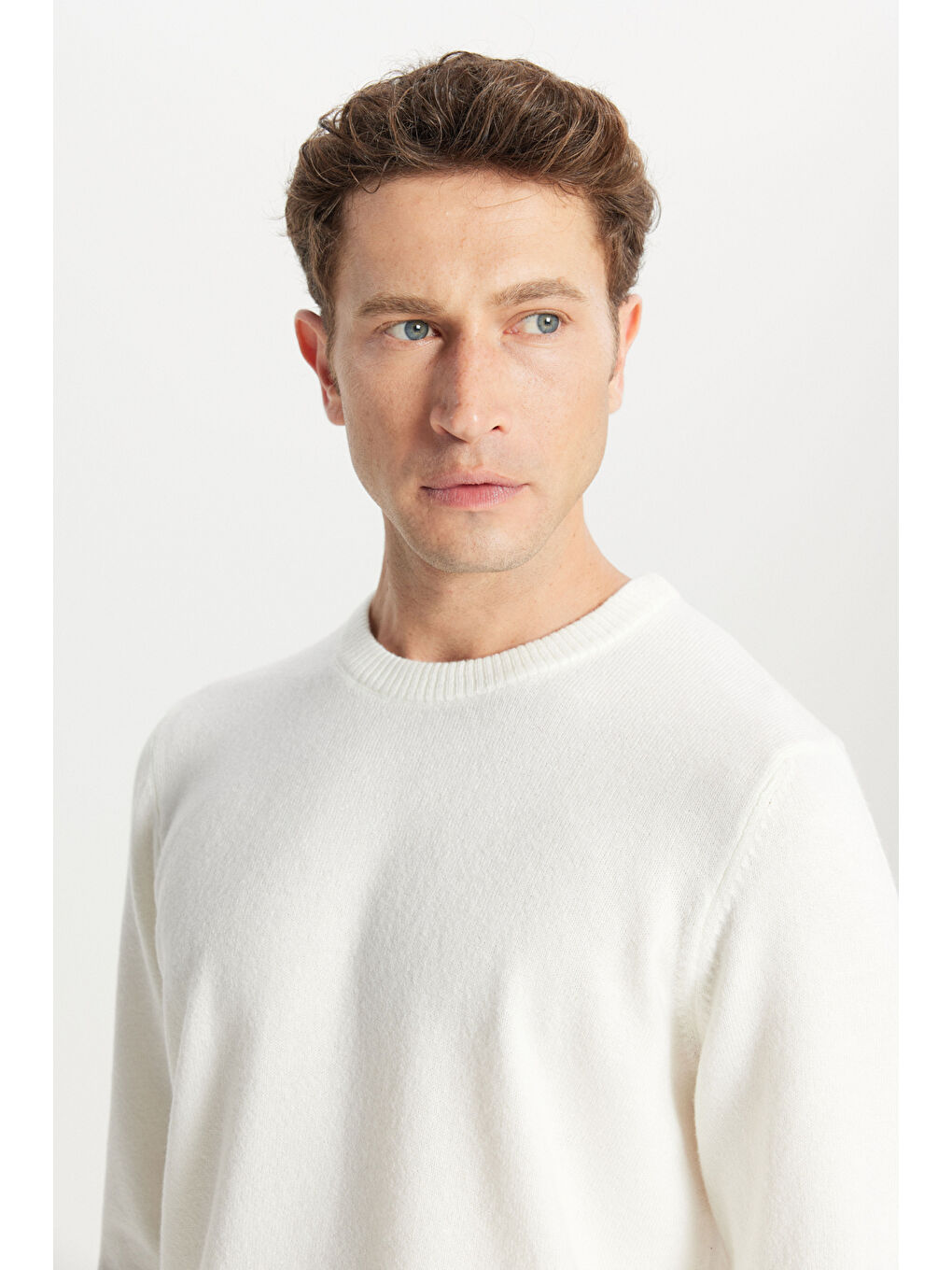 Erkek Ekru Standart Fit Normal Kesim Bisiklet Yaka Şardonlu Triko Kazak-3