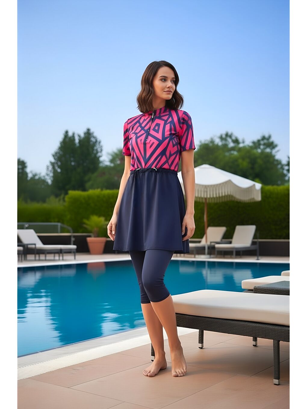 Lacivert Hızlı Kuruyan Esnek Paraşüt Kumaş 4 Parça Kısa Kollu Yarı Kapalı Mayo 3417-1