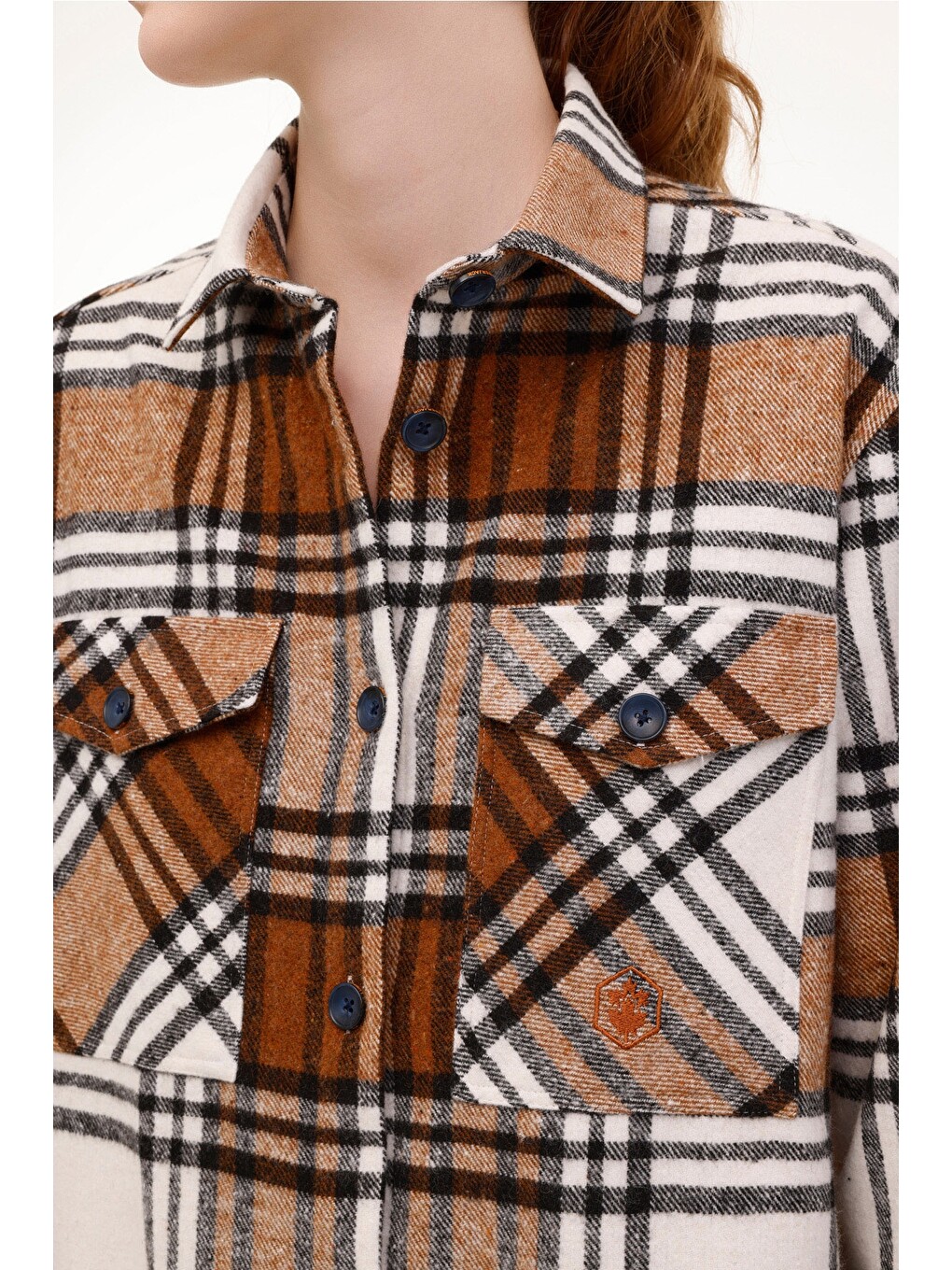 Pembe Tartan Flanel Shırt Pastel Turuncu Kadın Gömlek-5