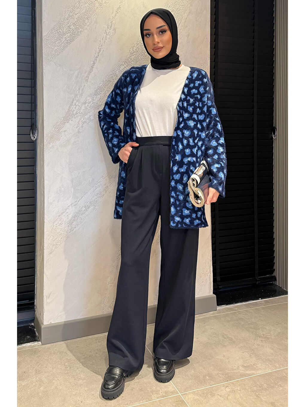 Lacivert Kadın Yüksek Bel Cırtlı Bol Paça Palazzo Tesettür Pantolon-3