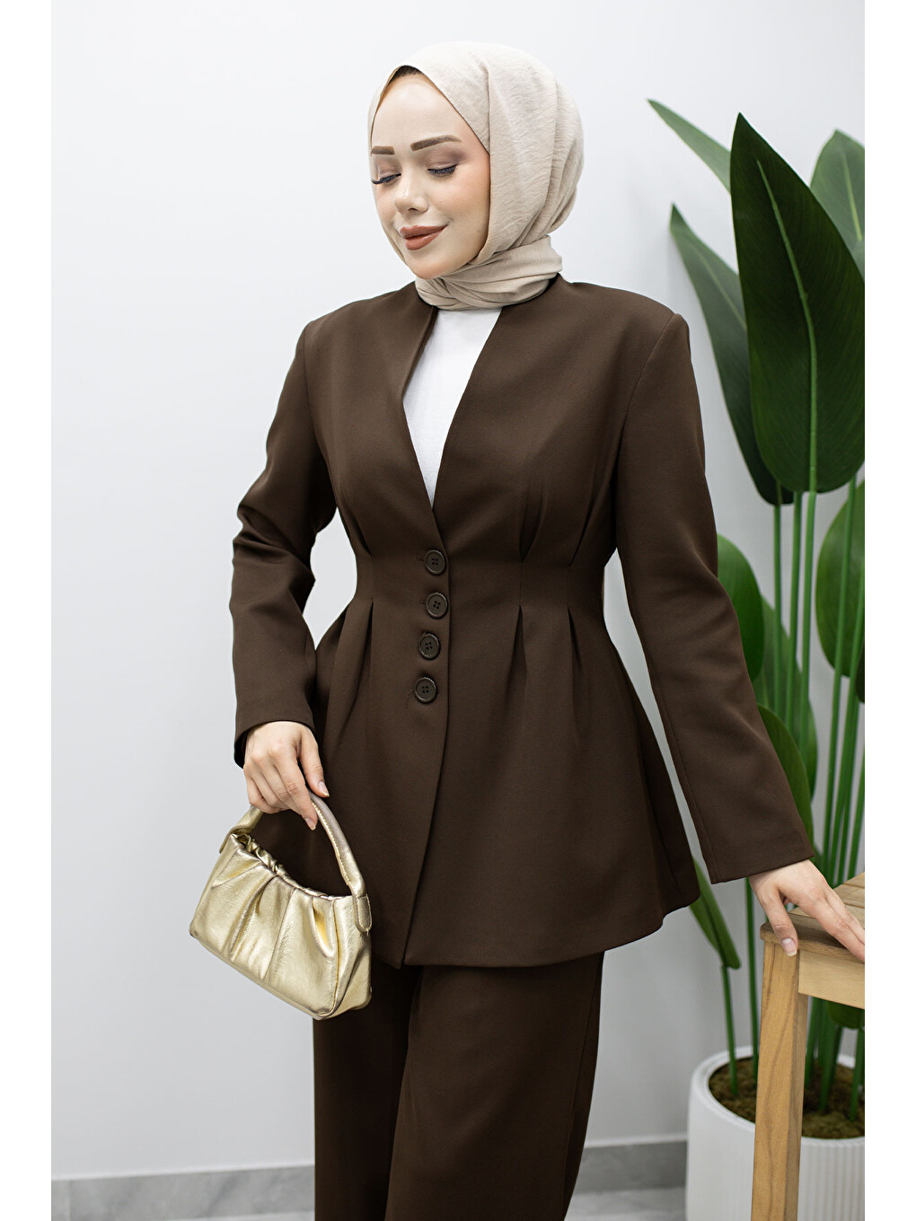 Pensli Belden Oturtmalı Blazer Takım TSD260227 Kahverengi-1