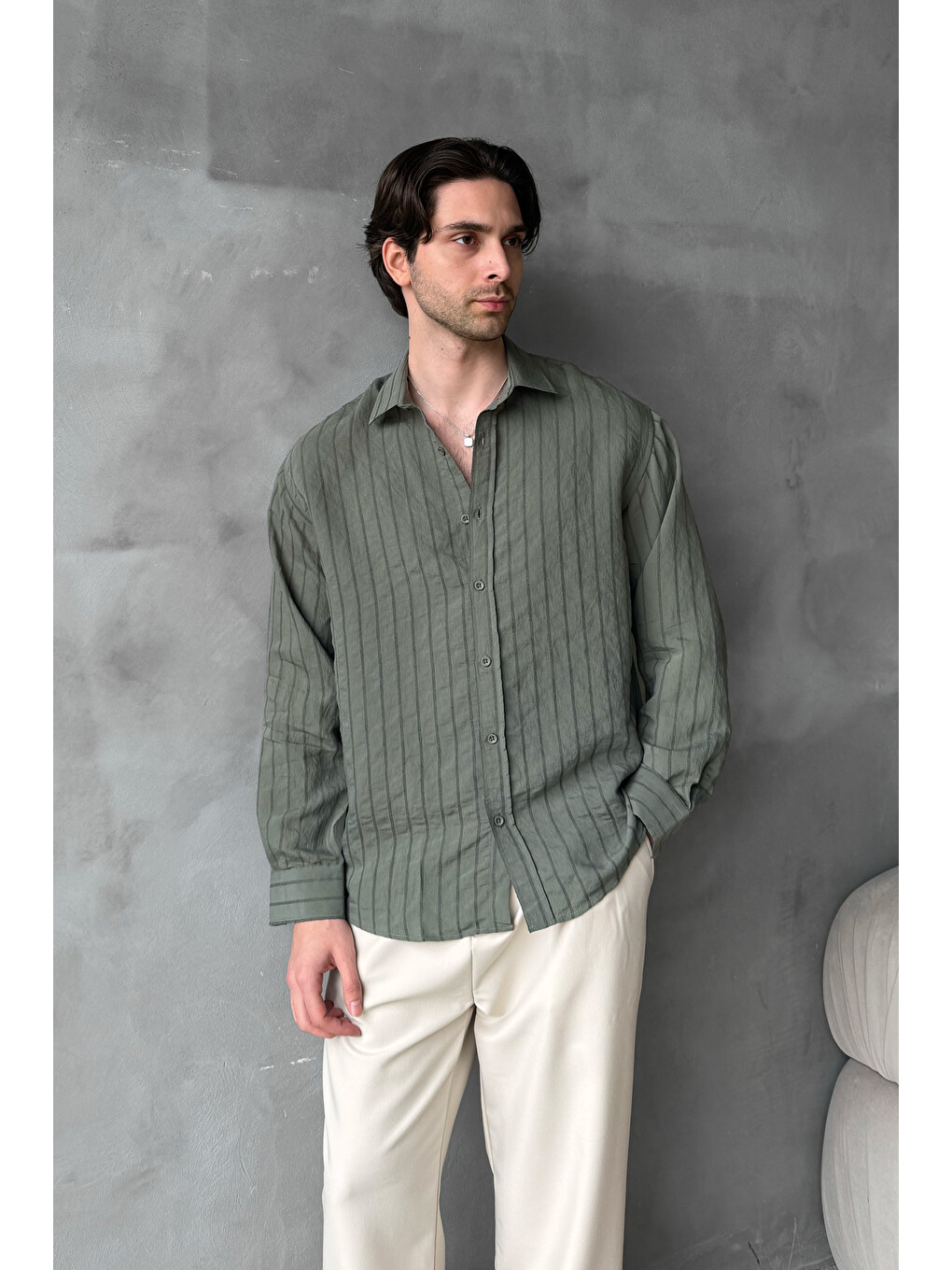 Haki Erkek Oversize Çizgili Modal Gömlek-3
