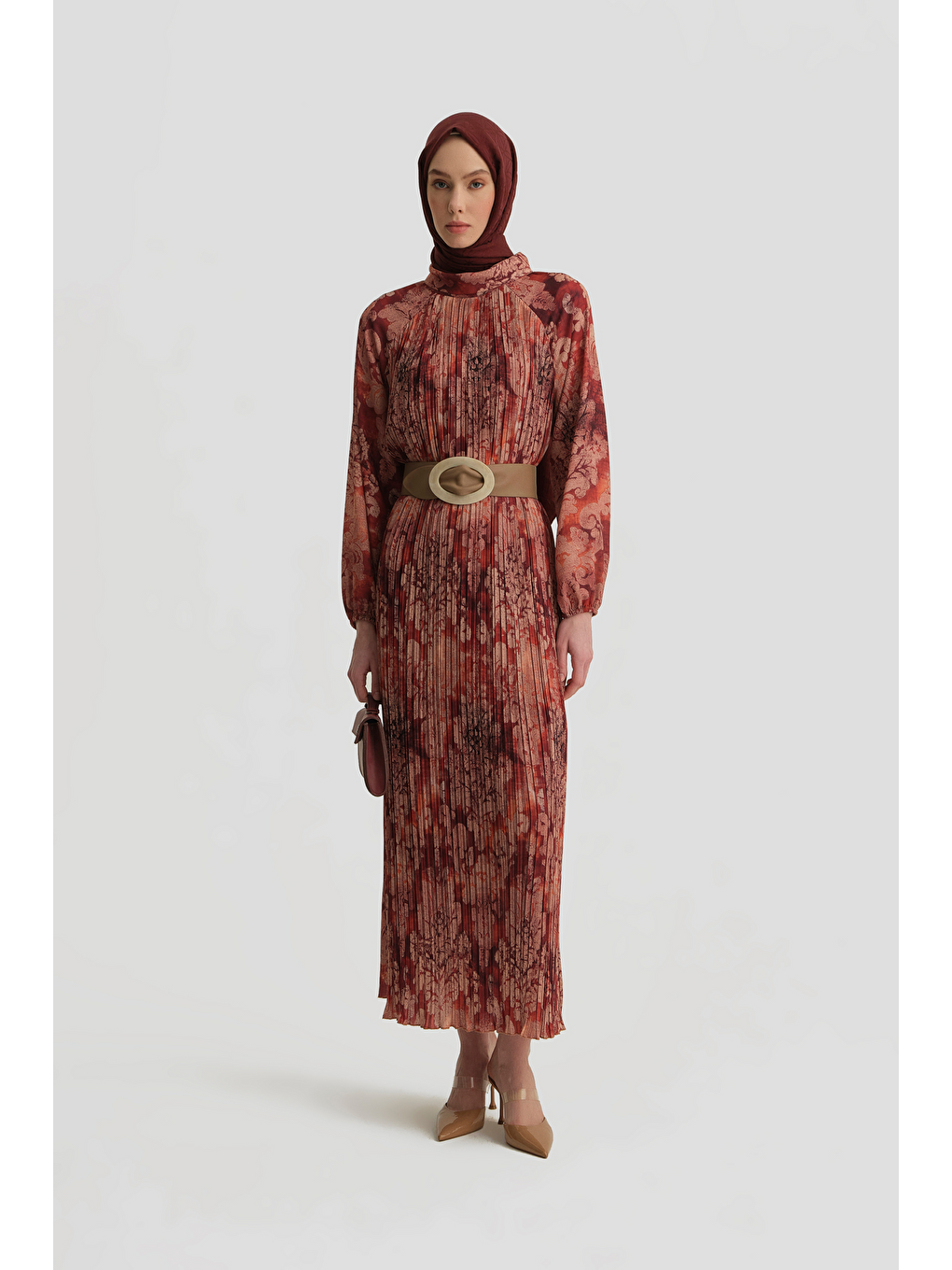 Desenli Elbise Bordo-1