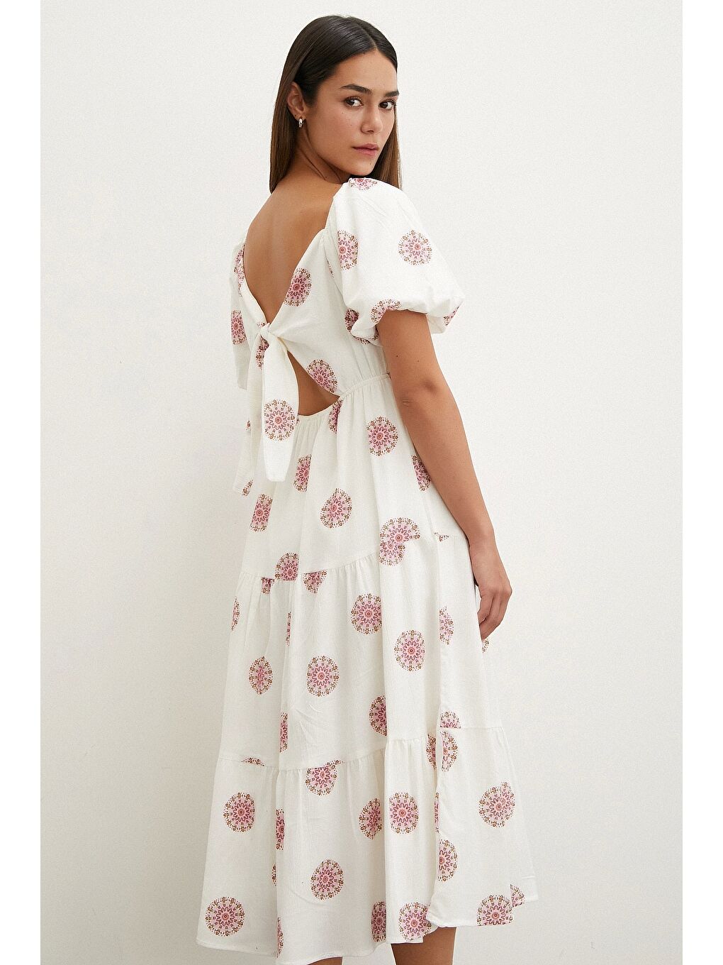 Sırtı Fiyonklu Keten Elbise Pembe-1