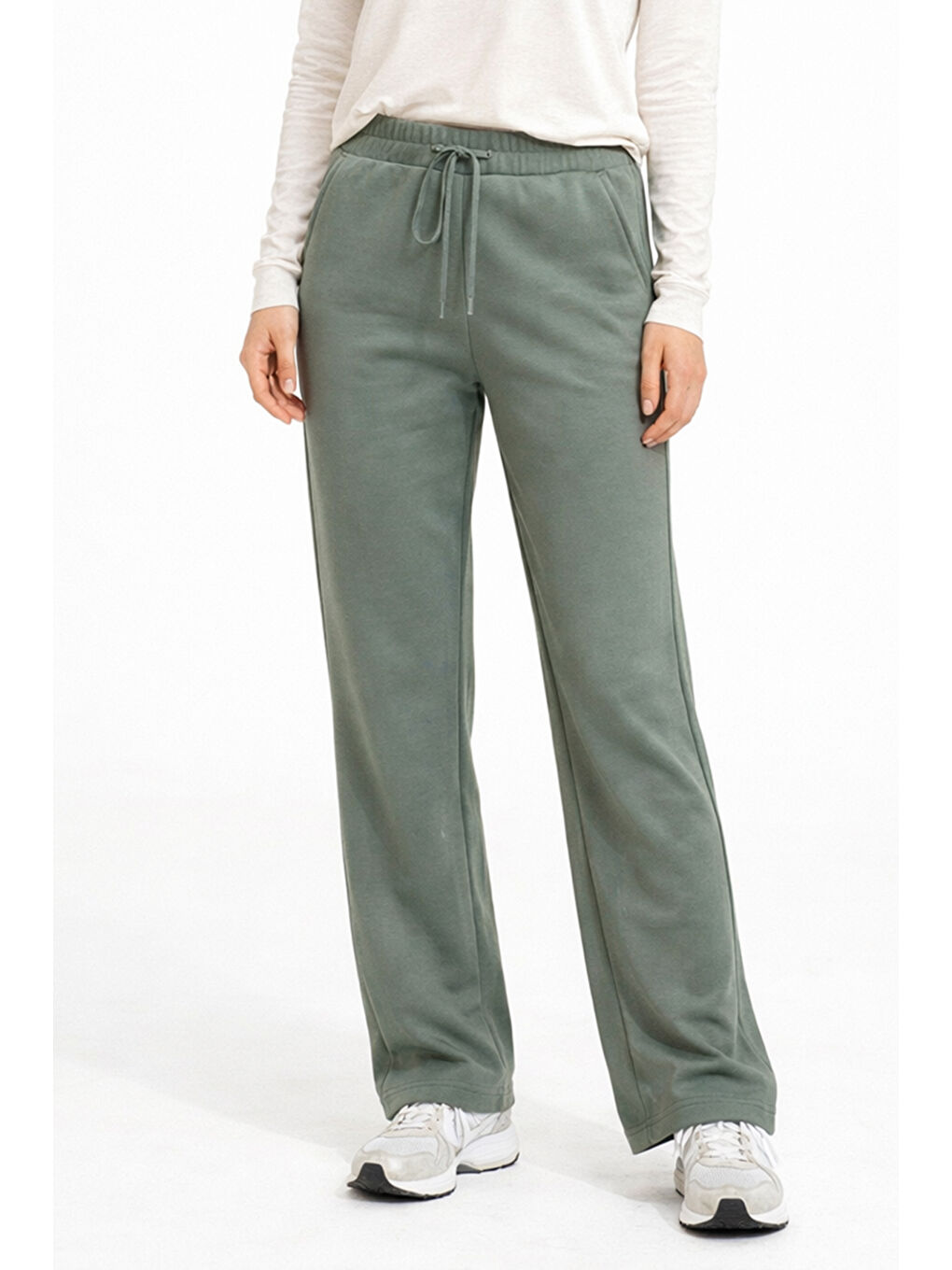 Beli Lastikli Pantolon Görünümlü Bol Paça Kadın Eşofman Altı 8015 Haki-4