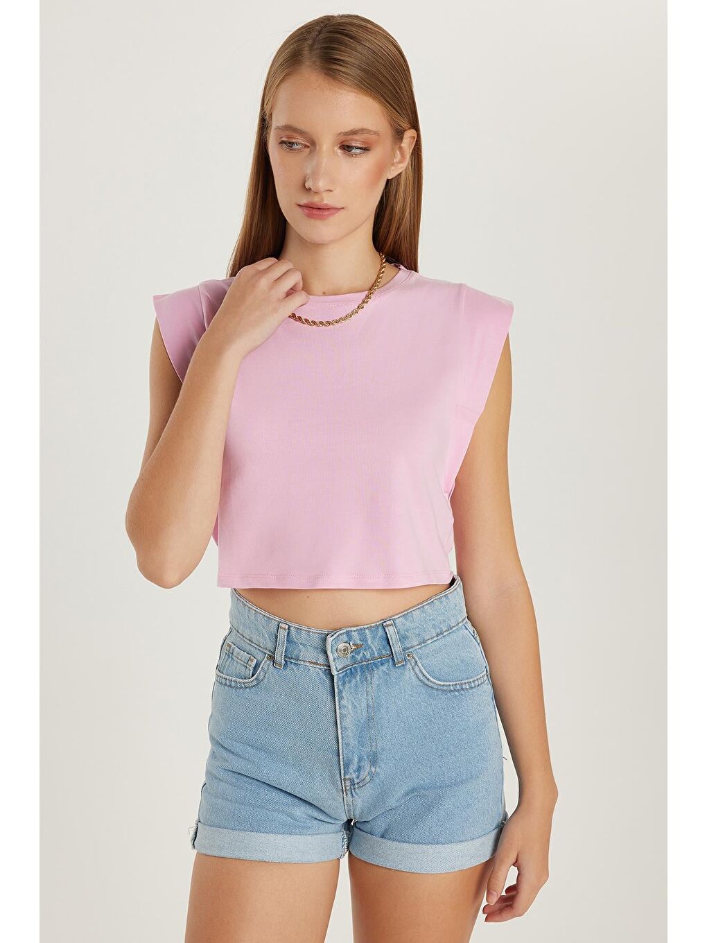 Kadın Slim Fit Dar Kesim Sıfır Kollu Bisiklet Yaka Pembe Bluz-3