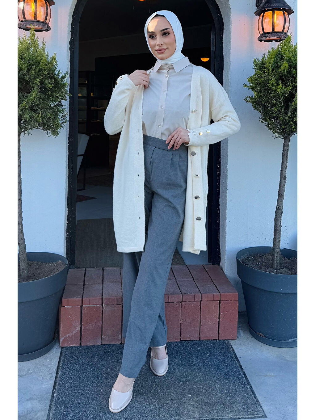 Gri Kadın Yüksek Bel Cırtlı Bol Paça Palazzo Tesettür Pantolon