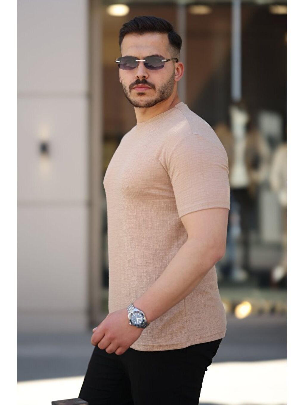 Bej Erkek Ağaç Kabuğu Desenli Kısa Kollu T-shirt-1