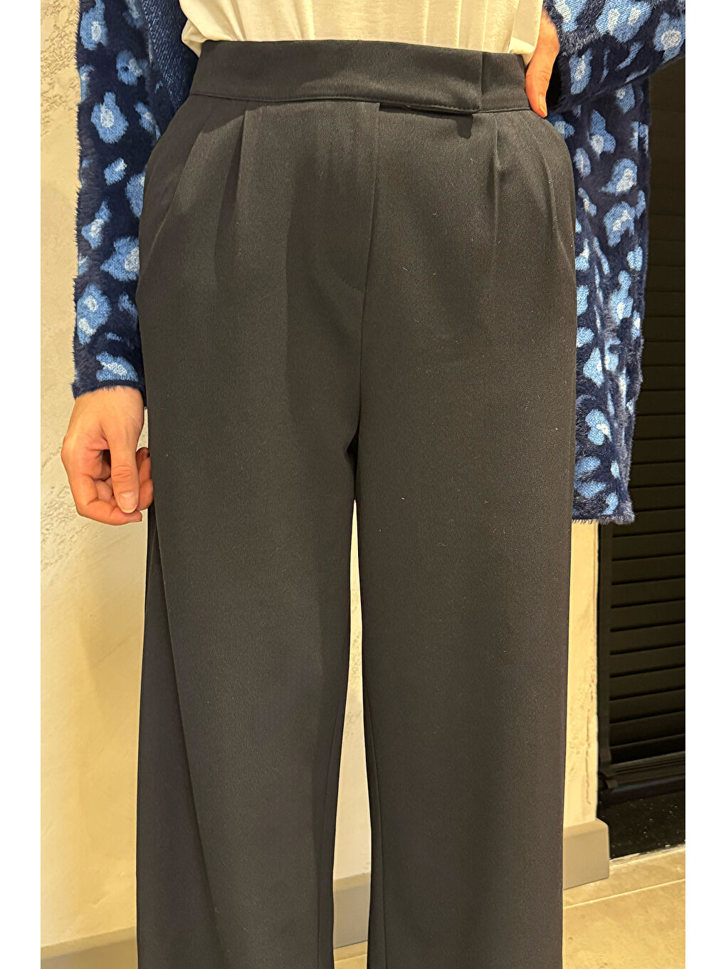 Lacivert Kadın Yüksek Bel Cırtlı Bol Paça Palazzo Tesettür Pantolon-4