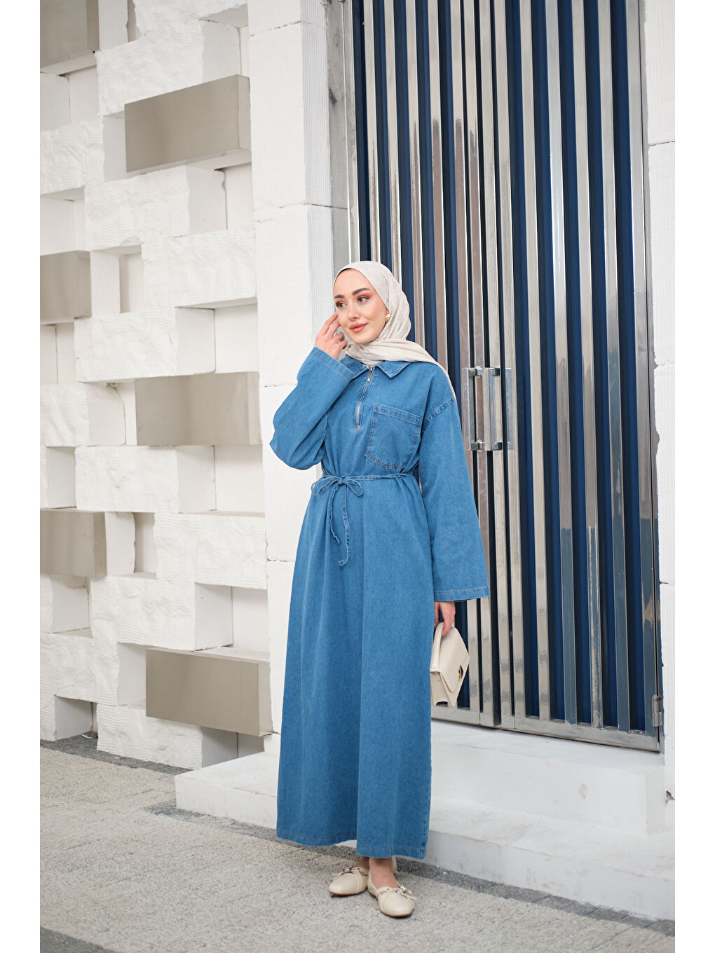 Kadın Tek Cep Detay Gömlek Yaka Jean Elbise Buz Mavi-2