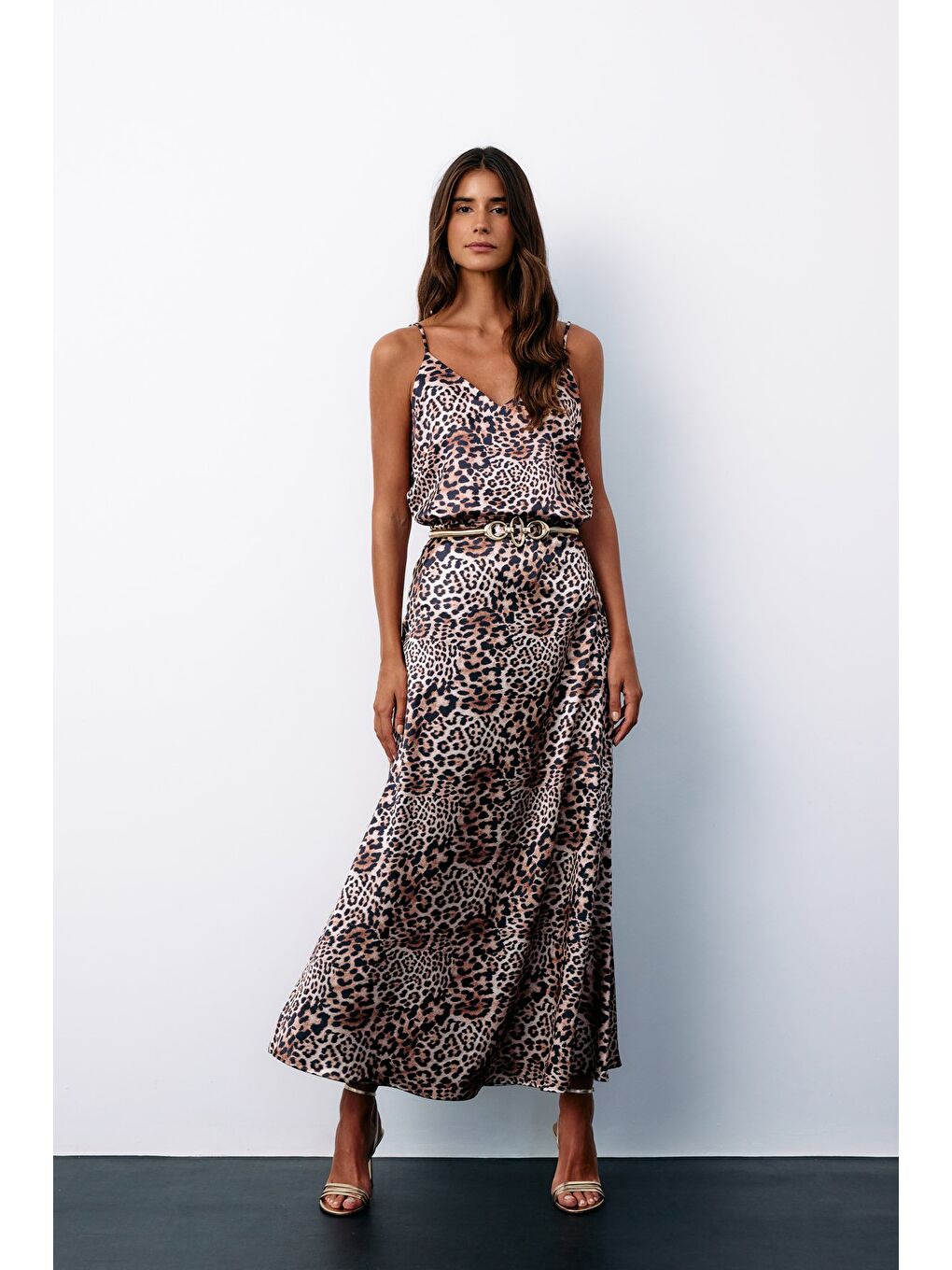 Bej Leopar Desenli Saten Etek - Vizon-1