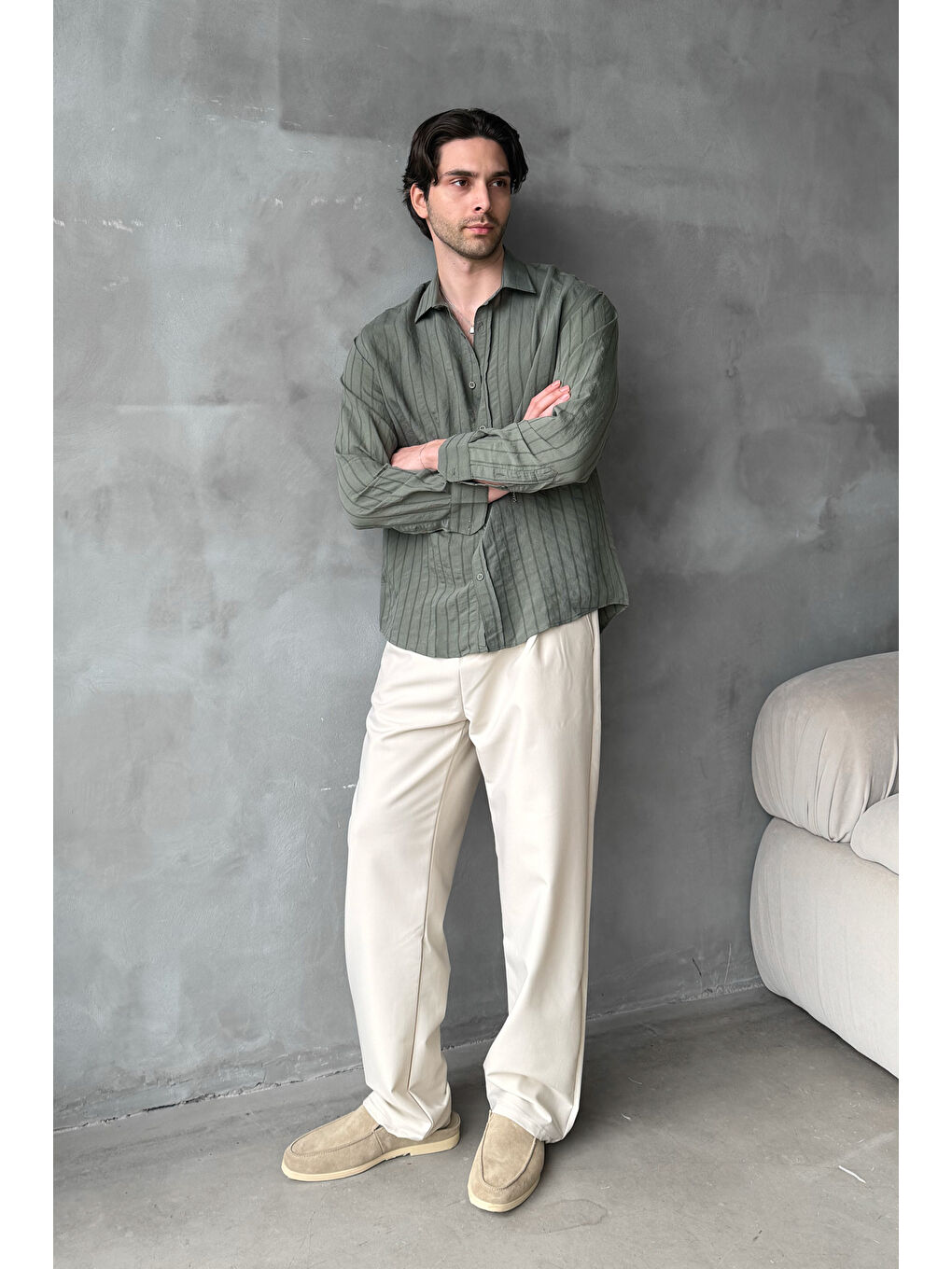 Haki Erkek Oversize Çizgili Modal Gömlek-4
