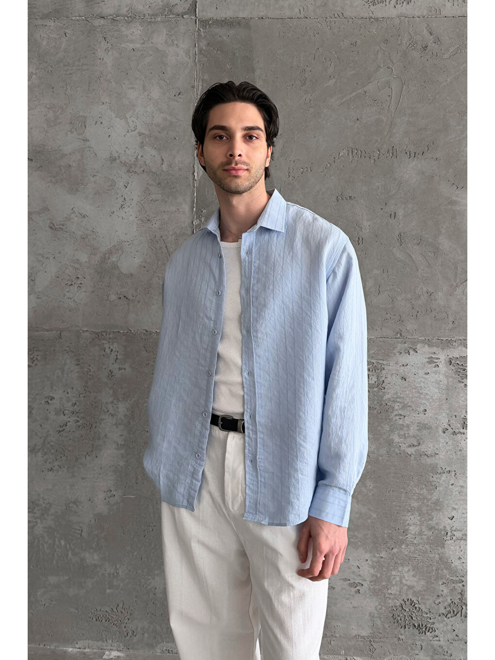 Mavi Erkek Oversize Çizgili Modal Gömlek-4