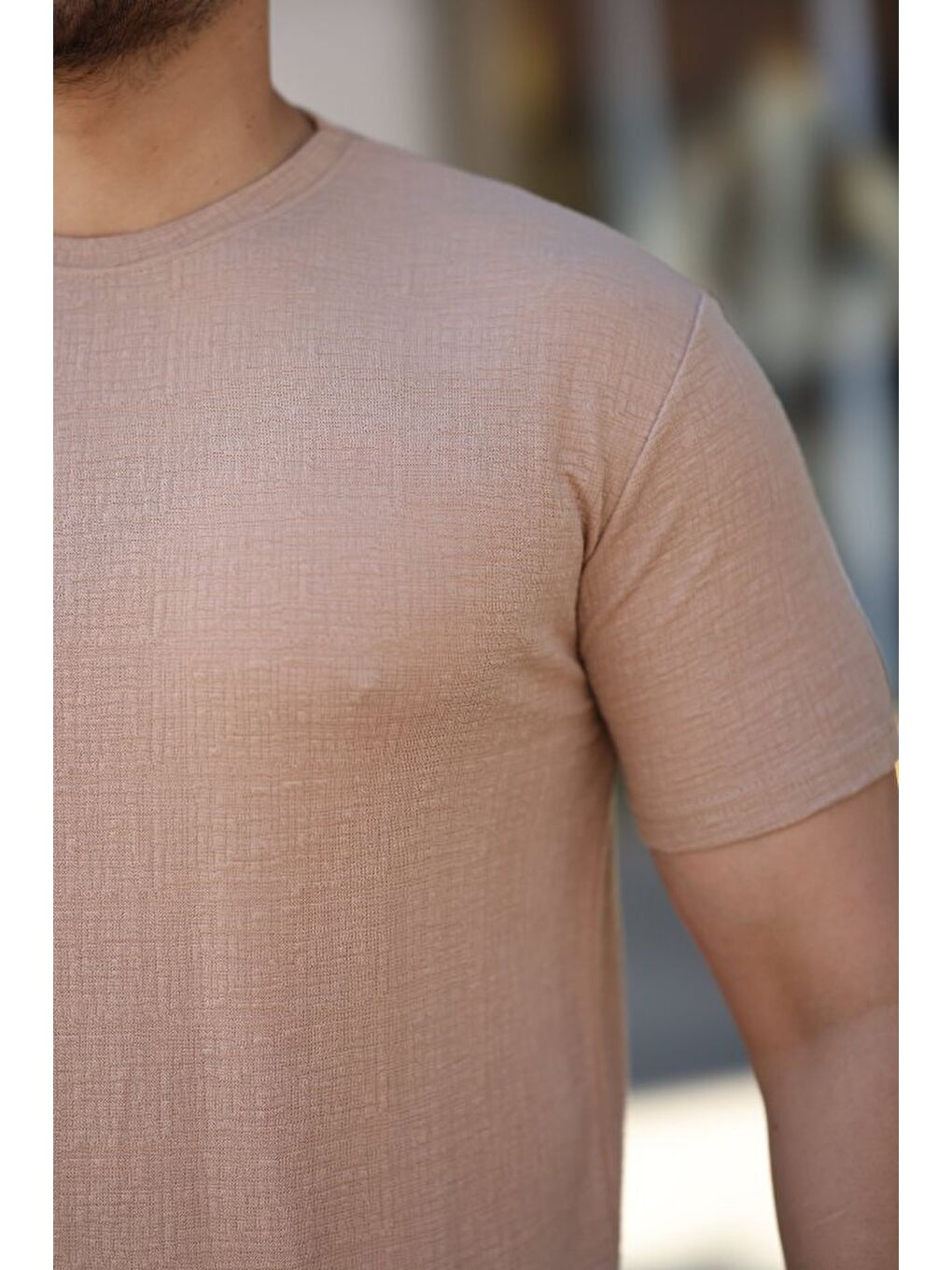 Bej Erkek Ağaç Kabuğu Desenli Kısa Kollu T-shirt-2