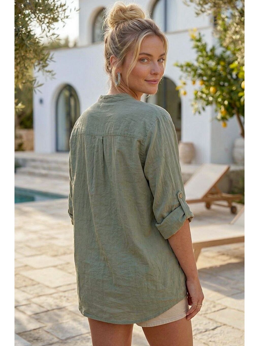 Haki Hakim Yaka Düğmeli Uzun Kollu Düğmeli Casual Müslin Dokuma Gömlek 75 63-5