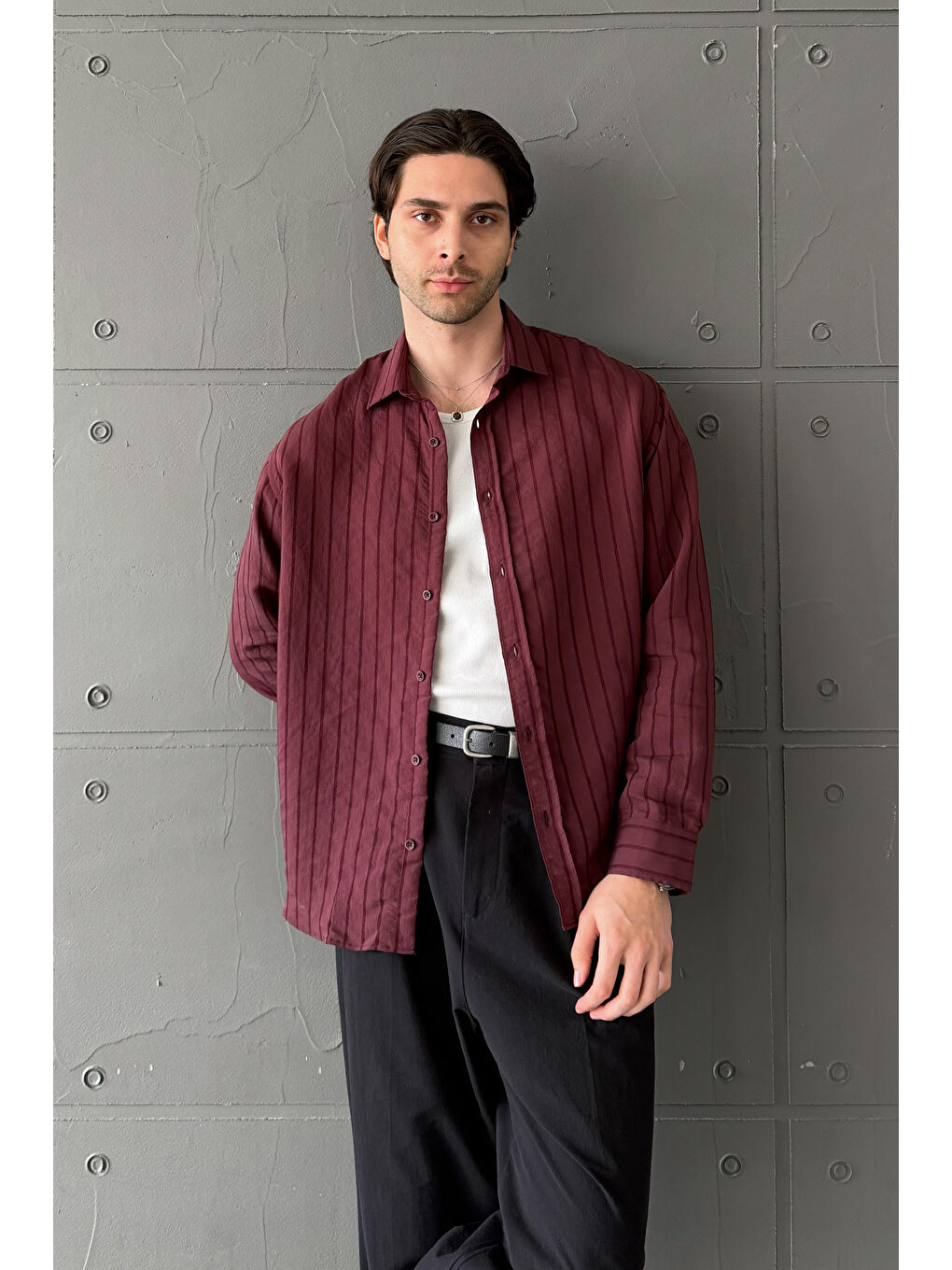 Bordo Erkek Oversize Çizgili Modal Gömlek-4