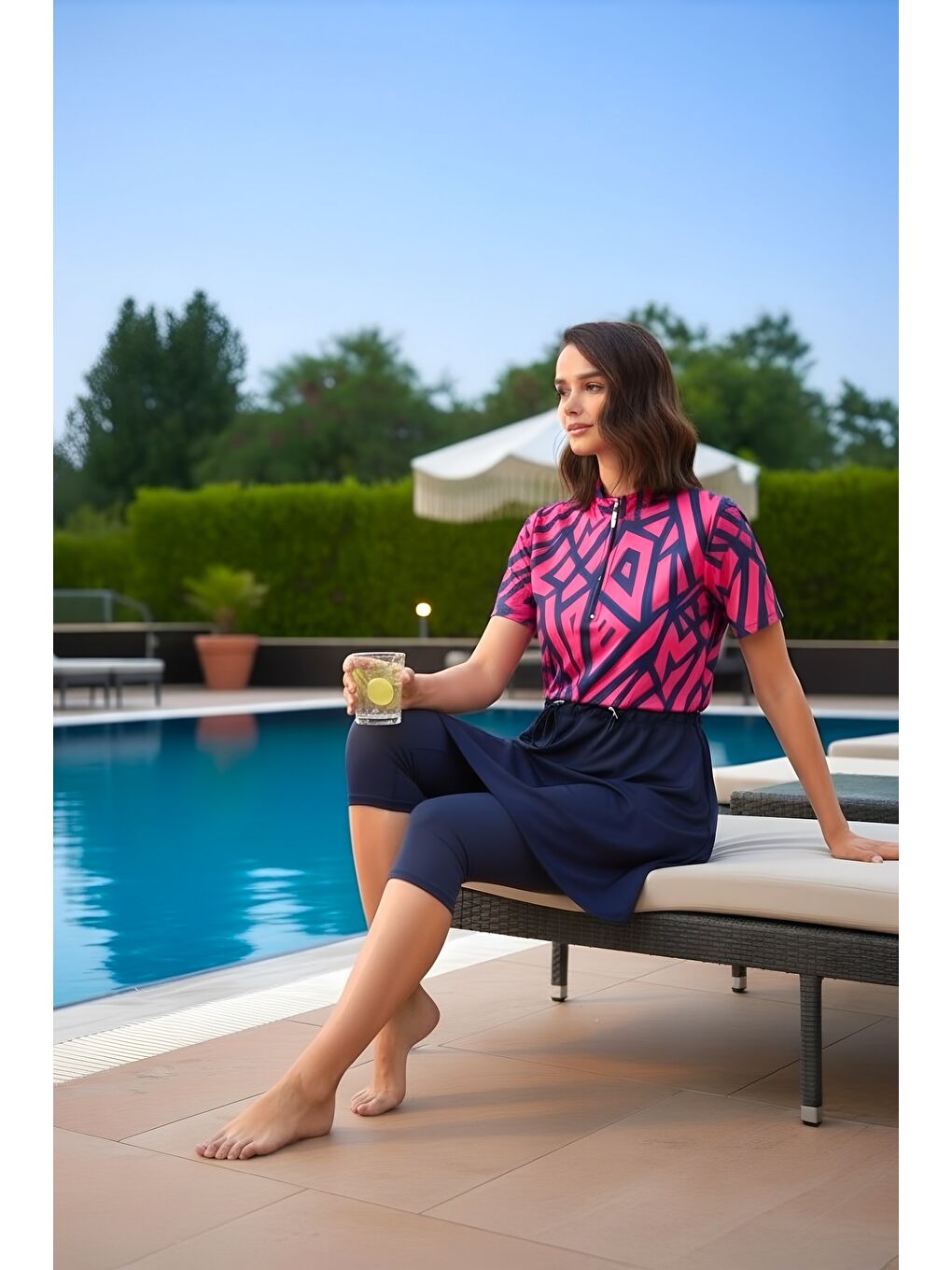 Lacivert Hızlı Kuruyan Esnek Paraşüt Kumaş 4 Parça Kısa Kollu Yarı Kapalı Mayo 3417-3