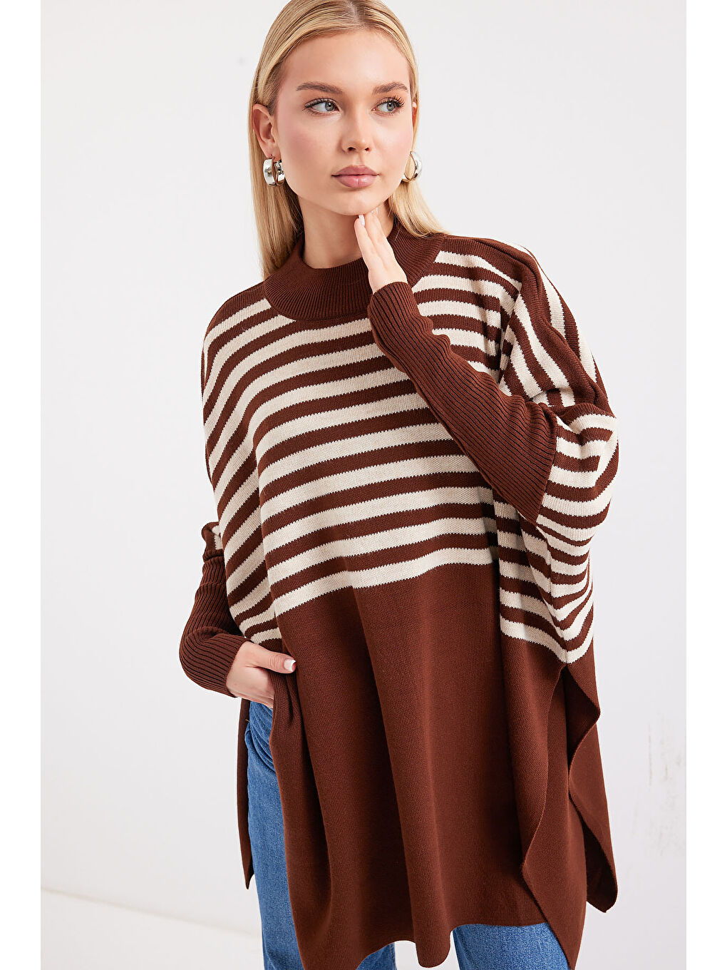 Kahverengi 15783 Yırtmaçlı Panço Kazak - F.KAHVE-3