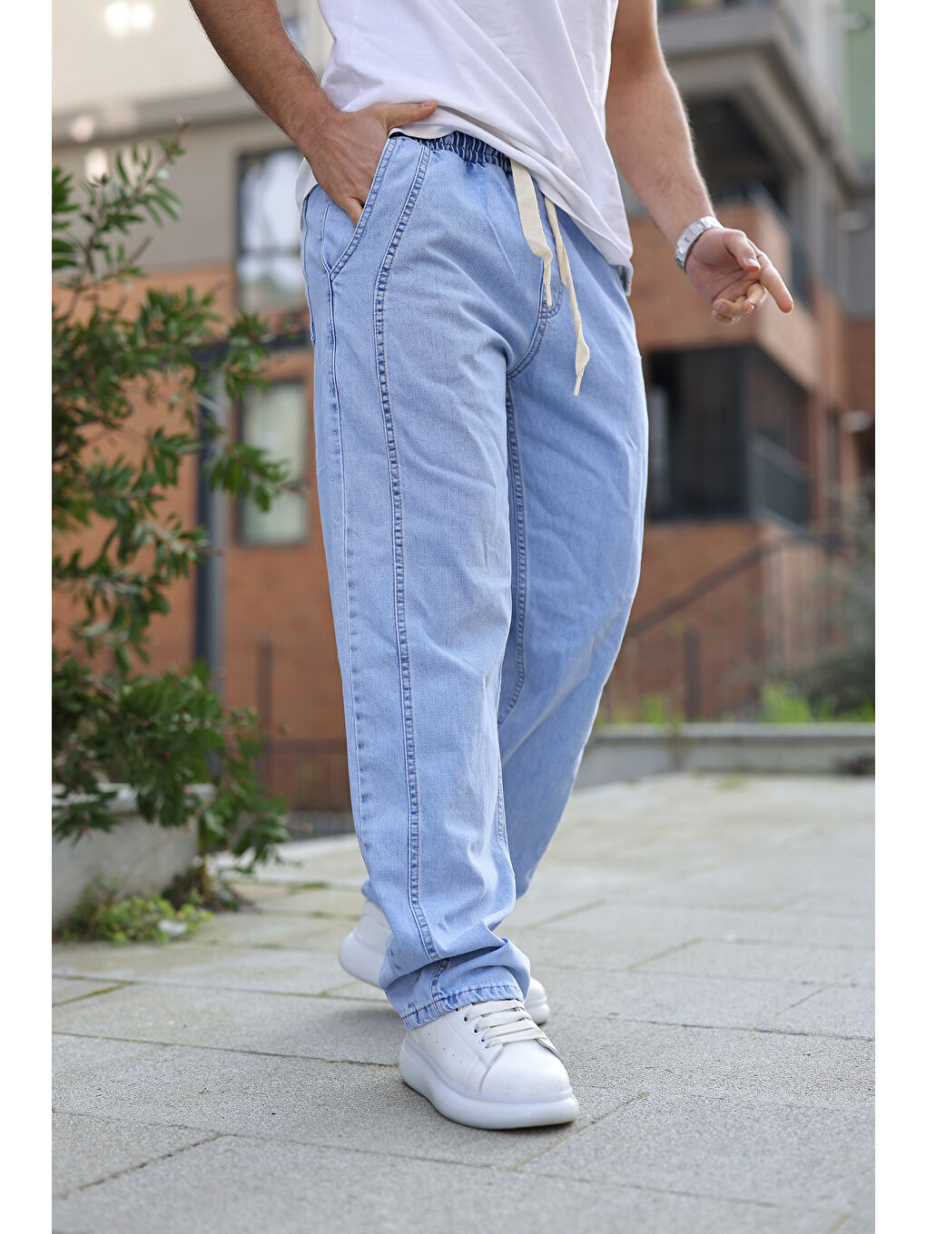 Mavi Erkek Baggy Rahat Kalıp Bel Lastikli Pantolon-4