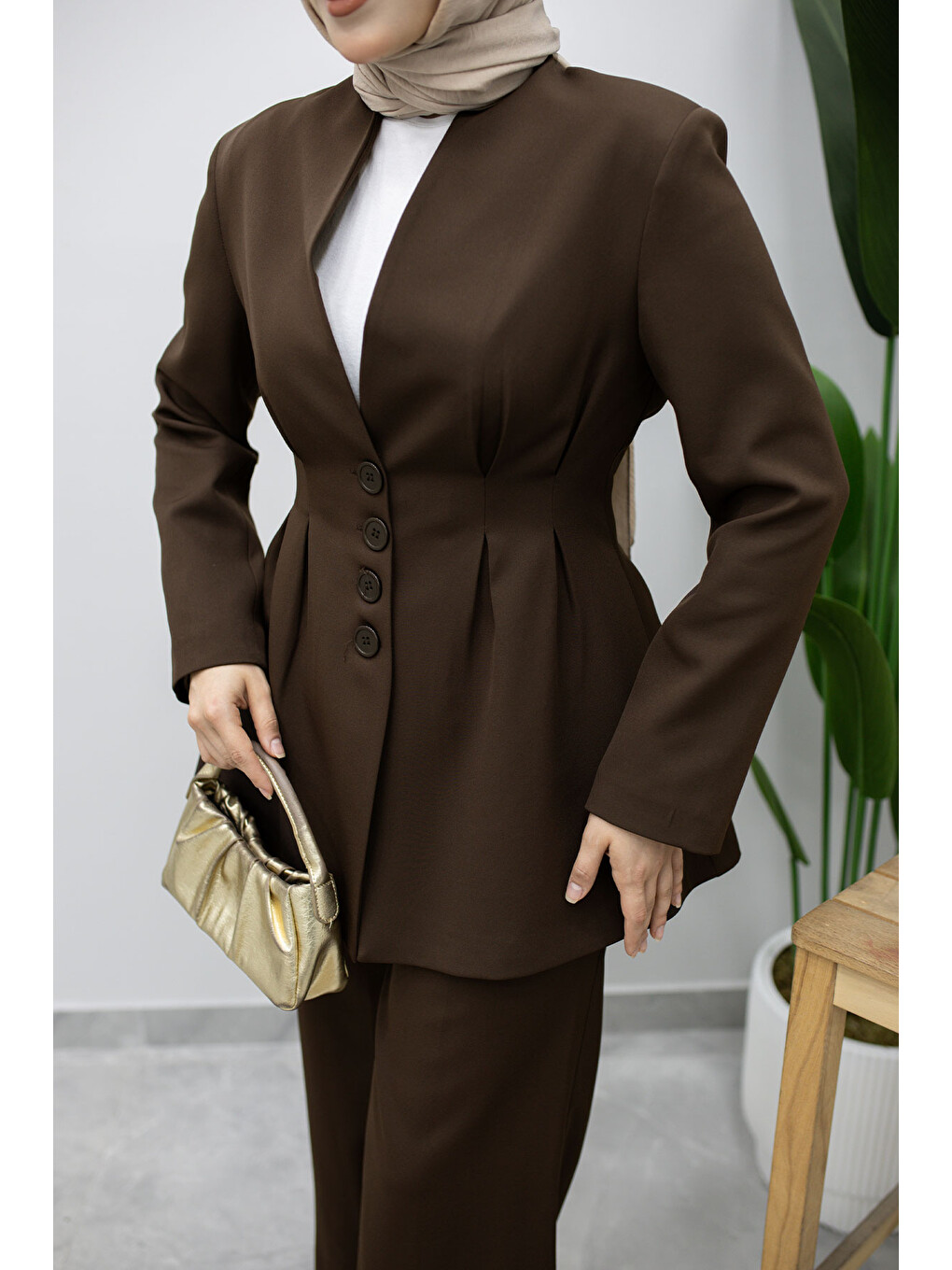 Pensli Belden Oturtmalı Blazer Takım TSD260227 Kahverengi-3