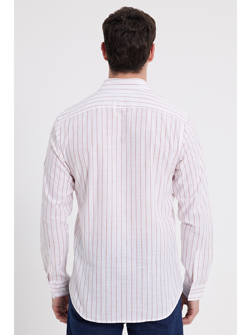 Karışık Erkek Slim Fit Dar Kesim Uzun Kollu %100 Pamuk Keten Doku Çizgili Gömlek-5