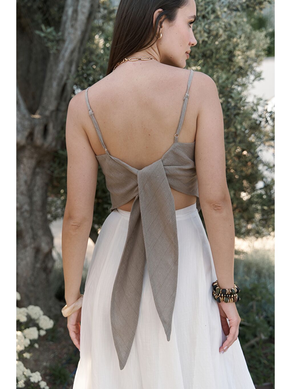 Kita Üçgen Detay Çizgili Haki Keten Crop-4