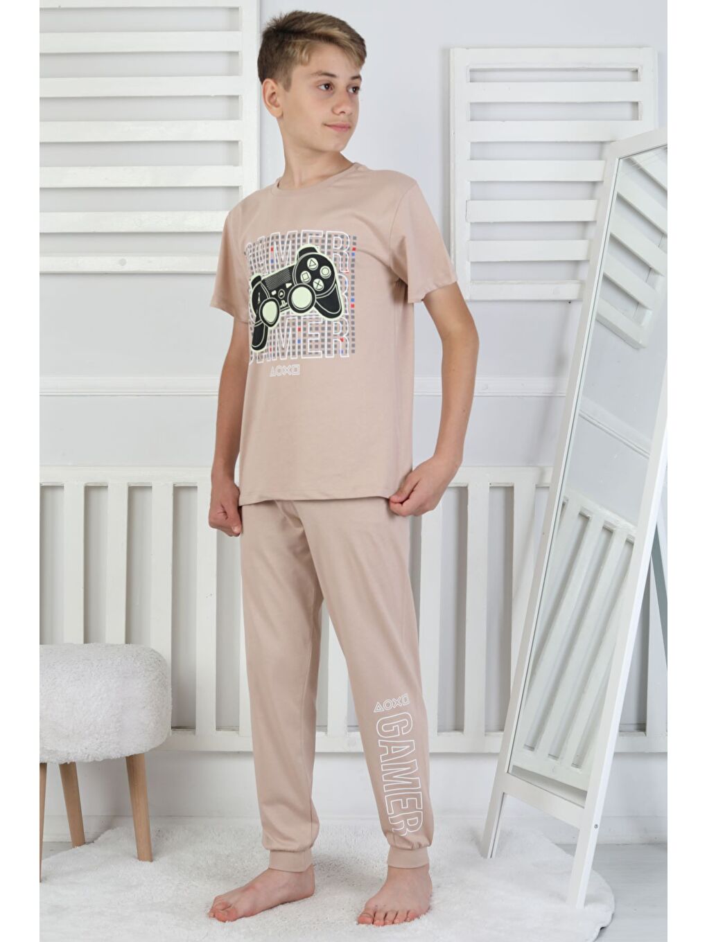 Bej Gamer Console Desenli Kısa Kollu Erkek Çocuk Pijama Takımı-2