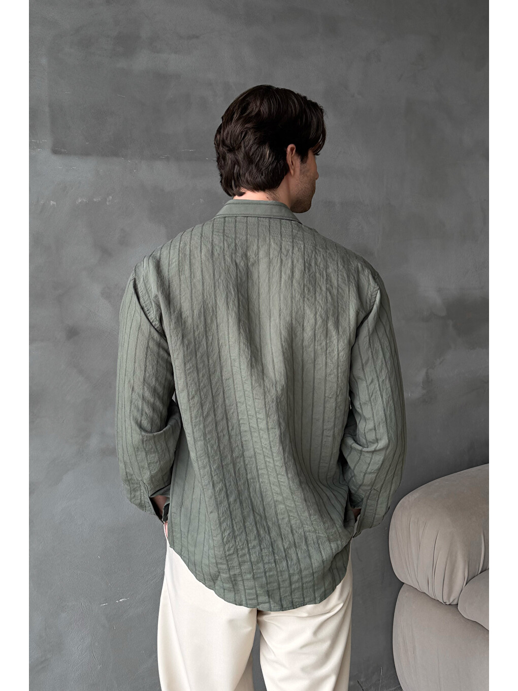 Haki Erkek Oversize Çizgili Modal Gömlek-5