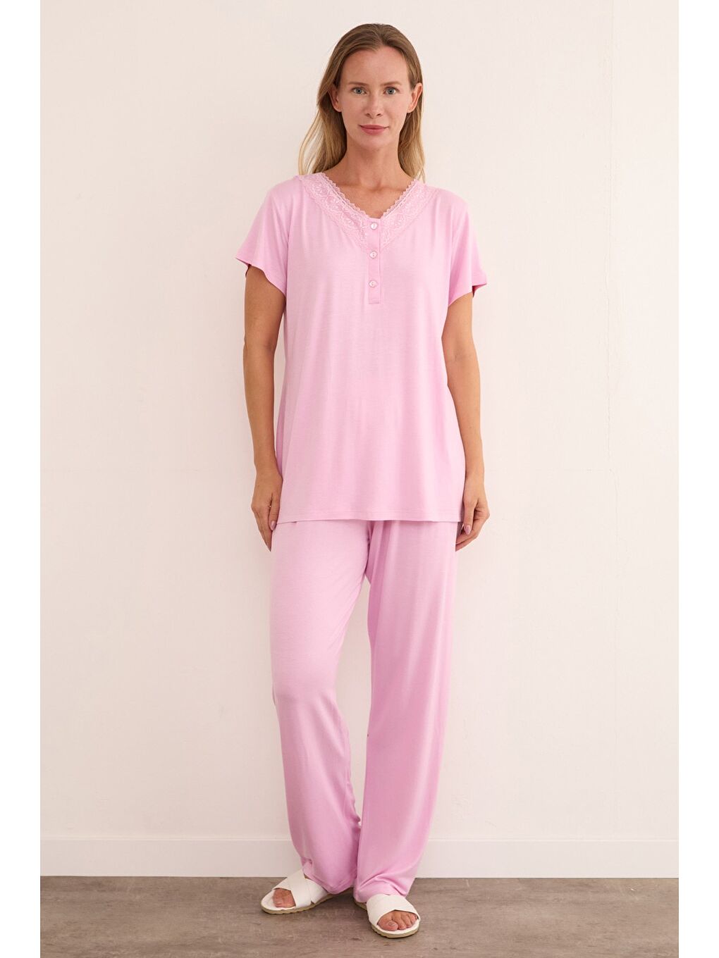 Pembe Yakası Dantel Detaylı Pijama Takımı-2