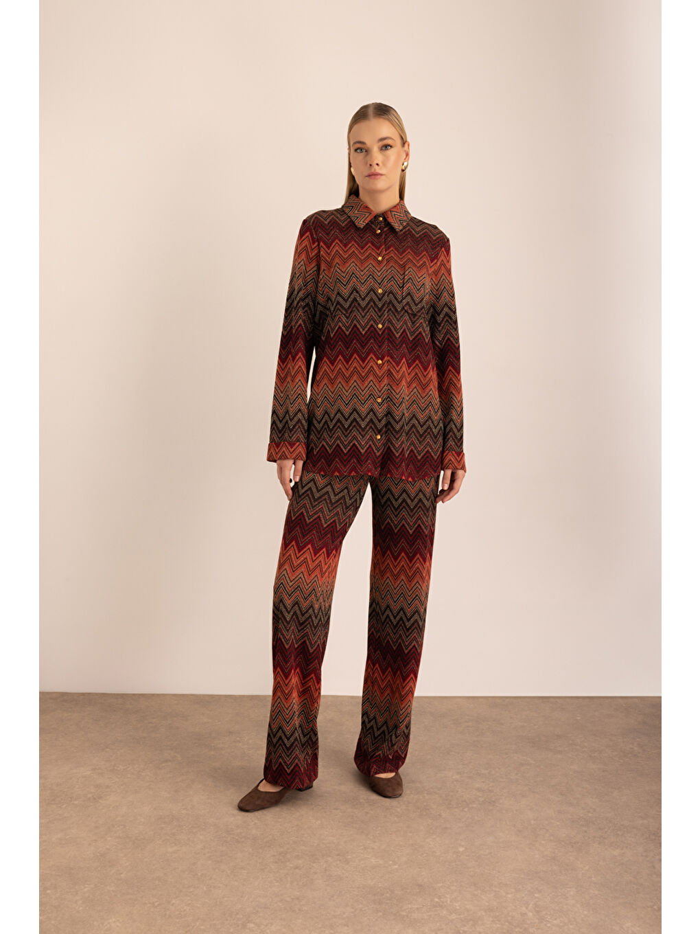 Kahverengi Desenli Örme Pantolon