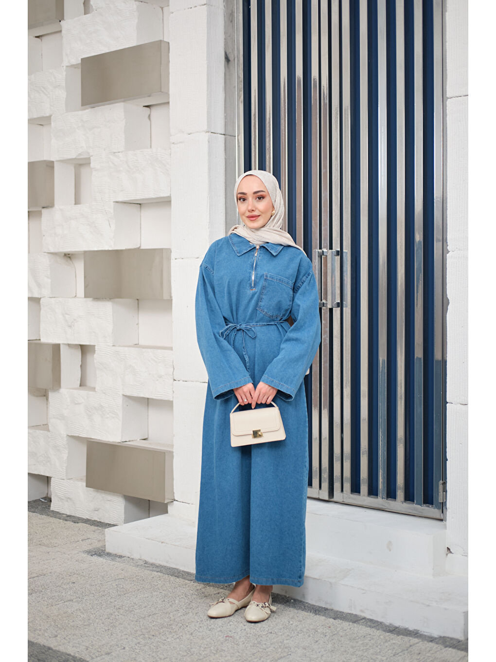 Kadın Tek Cep Detay Gömlek Yaka Jean Elbise Buz Mavi-3