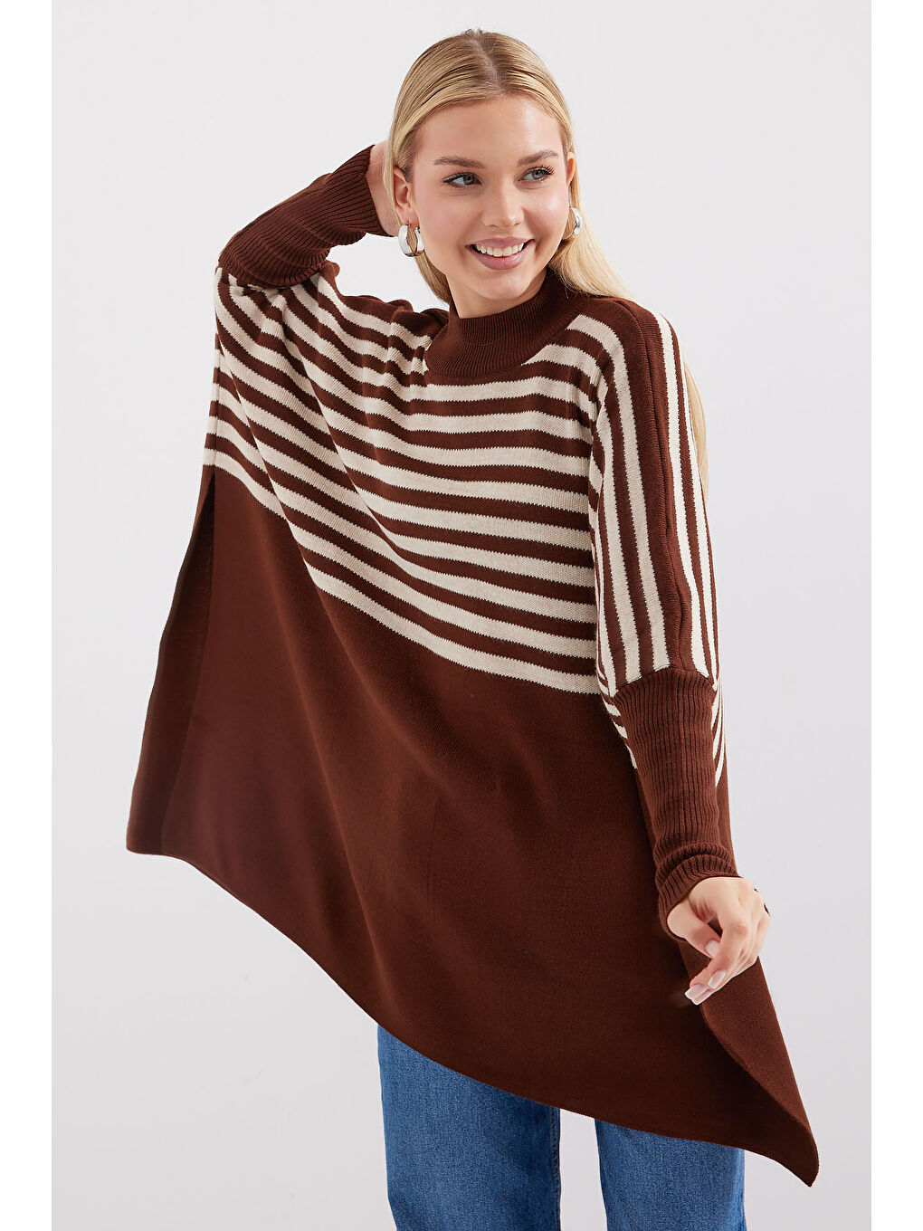 Kahverengi 15783 Yırtmaçlı Panço Kazak - F.KAHVE-4