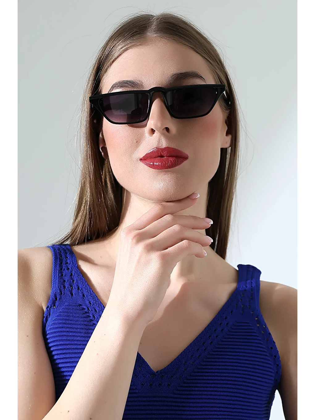 Kadın Siyah Cat-Eye İnce Çerçeve Güneş Gözlüğü-3