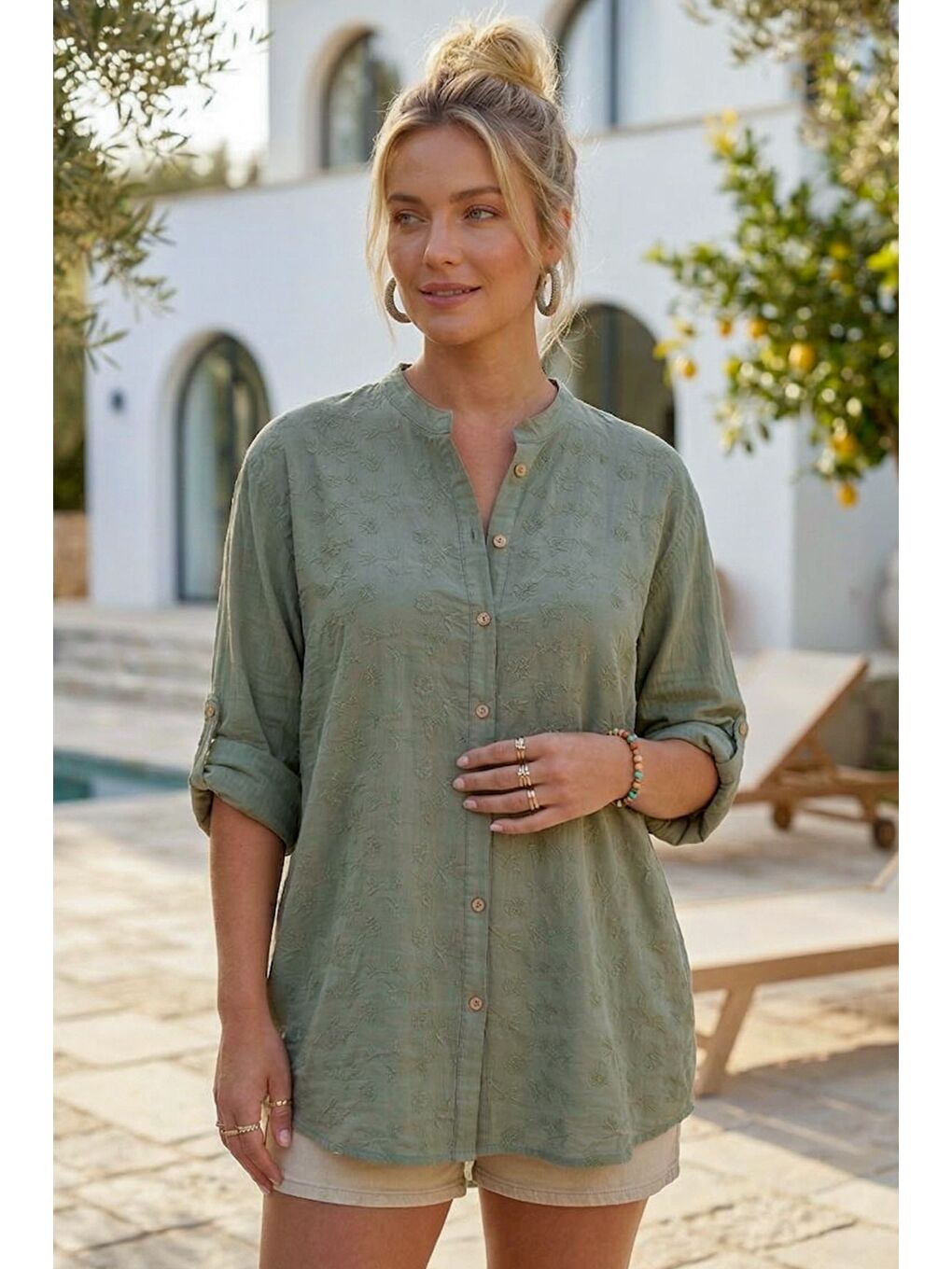 Haki Hakim Yaka Düğmeli Uzun Kollu Düğmeli Casual Müslin Dokuma Gömlek 75 63